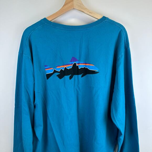 Patagonia Long Sleeve Regular Fit Royal Blue Graphic T Shirt Mens XXL Gorpcore - Picture 7 of 12